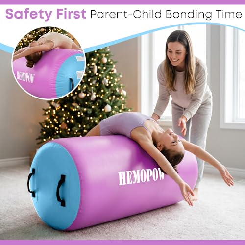 Inflatable Gymnastics Air Barrel Roller with Electric Pump, Heavy Duty PVC Tumbling Barrel Back Handspring Trainer, Air Tumble Track Mat for Home Gym, Cheerleading, Yoga Practice - color: Lavender & Sky Blue, size: 3.3'L x 2'D