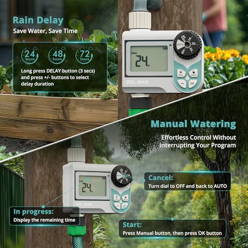 QUOBAS Low Pressure Water Timer, Weekly Sprinkler Timer for Garden Hose | Programmable Hose Timer with Brass Inlet & Outlet, Zero Pressure Water Timer for Rain Barrel, Rain Delay/Manual/Auto Modes - size: Weekly Program 1 Zone