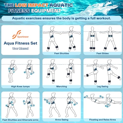Sportneer Aquatic Exercise Equipment Water Aerobics Combo Set Includes High Density Water Weights Dumbbell Aqua Belt Water Ankle Weights for Pool Exercise Aquatic Therapy Pool Fitness Water Exercise - color: Aqua Blue, style: Aqua Fitness Set with 2lb Ank