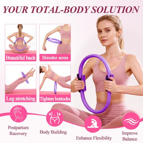 Pilates Ring and Small Ball Set for Women with 5 Resistance Bands, 14 inch Magic Circle Home Workout Essentials Starter Kit for Beginners, Yoga Sets for Full Body Toning Shape - color: Purple