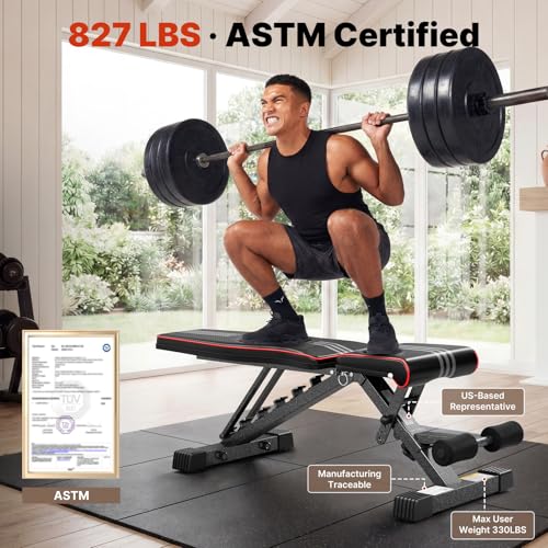 YOLEO Adjustable Weight Bench for Home Gym, ASTM-Certified 827LBS, 98% Pre-Assembled, Foldable Gym Bench with 84 Positions Incline Decline Flat, Wider Seat - size: L