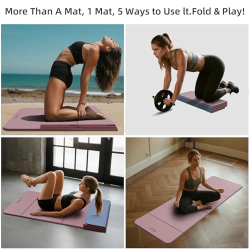 LVME Foldable Yoga Mat, 71"x24"x1/3" Thick, Non Slip Exercise Mat | SGS Certified POE, Fitness Travel Mat, Easy To Store, Foldable for Exercise, Yoga, Pilates, Home Workouts - color: Dusty Pink + Silver Blue