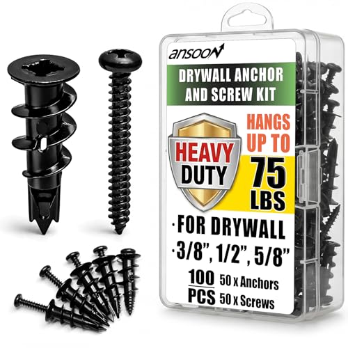 100Pcs #8 Self Drilling Black Metal Drywall Anchor and Screws kit | 50 Heavy Duty Sheetrock Anchors, 50 1-1/4'' Flat Head Screw-Hold 75lbs for Drywall/Plaster/Hollow Door Wall Hanging/ Mounting - size: 50 pack, style: Black Anchors