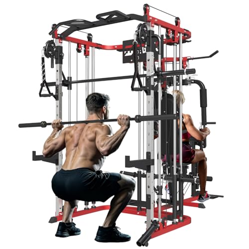 All in One Home Gym System Workout Station, Multi-Function Smithe Machine Power Cage with Cable Crossover System, Tripe-Sided Independent Load Posts, Functional Trainer for Full Body Training - color: Red, style: Home Gym Station