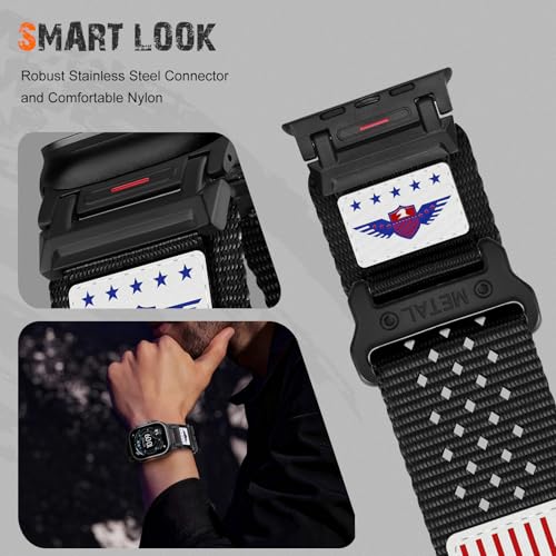 Rugged Nylon Band for Apple Watch Ultra 3/2/1 Series 11 10 9 8 7 6 5 4 SE/3/2/1 for Men,Breathable Stars-Stripes Flag Wristband Workout Athletic Strap for iWatch Ultra Bands 49mm 46mm 45mm 44mm 42mm - color: 06-Black-Red Blue Flag-Metal adapter, size: 49/