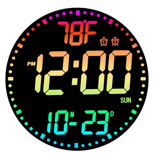QINFIEY Large 12" RGB Color Changing Digital Wall Clock with Remote Control | LED Display Plug-in Clock with 3 Brightness Levels & Temperature Display | Perfect for Home, Gym, Classroom, Office - color: Rgb, size: 12 Inch