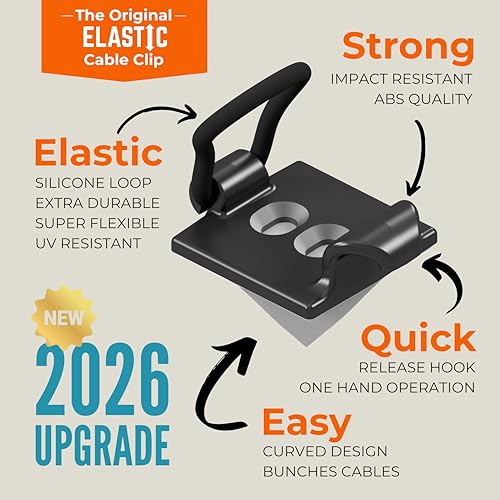 [Made in the UK] 10-Pack Adjustable Elastic Adhesive Cable Clips, Wire Management Holder, Cord Organizer for Home Office, Under Desk, Behind TV, Phone Charger, Laptop, PC, HDMI, USB (Black) - color: Black 10-pack