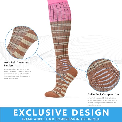 IRAMY Compression Socks Women Ankle Support Gradient Compression Wicking Moisture Knee High Socks 3 Packs - color: Pink+black+brown-3 Packs, size: X-Large