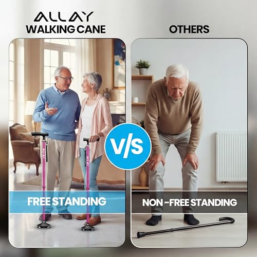 Allay Walking Canes for Men & Women - Adjustable Canes for Women for Stability, Self Standing Wide Quad Pivot Base, Light Weight, Soft Handle Grip and Travel Bag, Walking Sticks for Seniors - color: Pink