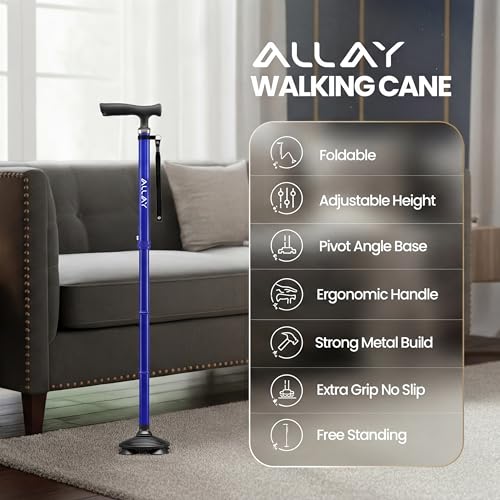 Allay Walking Canes for Men & Women - Adjustable Canes for Women for Stability, Self Standing Wide Quad Pivot Base, Light Weight, Soft Handle Grip and Travel Bag, Walking Sticks for Seniors - color: Blue