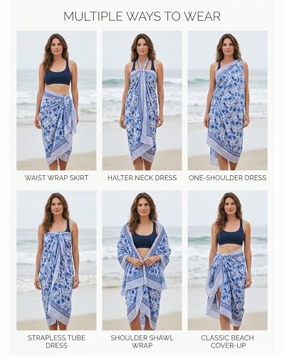 Beach Cover Ups for Women, Cotton Sarong Wrap Pareo | 100% Cotton Sarong Wraps For Women, 73 x 44 In. Pareo Beach Wrap, Bikini Cover Up, Bathing Suit Cover Up, Resort Wear - color: Blue Leaf
