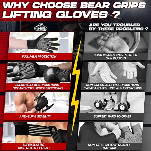 Bear Grips Weight Lifting Gloves for Men & Women | Half Finger Lifting Gloves | Full Finger Workout Gloves for Men | No Finger Exercise Gloves l Compression Weightlifting Gloves | Gym Gloves for Men - color: Armor Black-Full Finger, size: Medium
