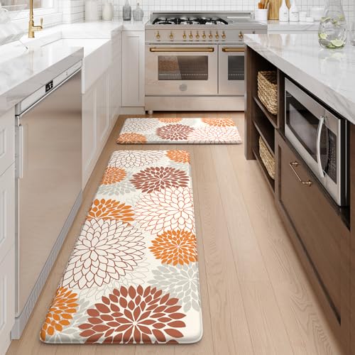 KIMODE Kitchen Mats for Floor Anti Fatigue, 17"x47"+17"x29" Dahlia Floral Kitchen Floor Mats,Farmhouse Kitchen Rugs Non Slip Cushioned, Comfort Standing Desk Mat for Sink, Laundry, Desk Orange - color: Orange, size: 17.3" x 47 "+ 17.3" x 29 "--0.47 inches