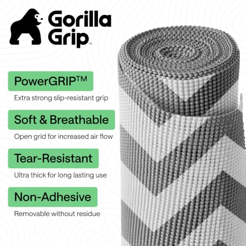 GORILLA GRIP powerGRIP Drawer Shelf and Cabinet Liner, Thick Strong Hold, Non-Adhesive Liners Protect Kitchen Cabinets and Cupboard, Bathroom Drawers, Easy Install, Breathable Mat, 12" x10' Gray White - color: Chevron: Gray/White, size: 12" X 10', style: