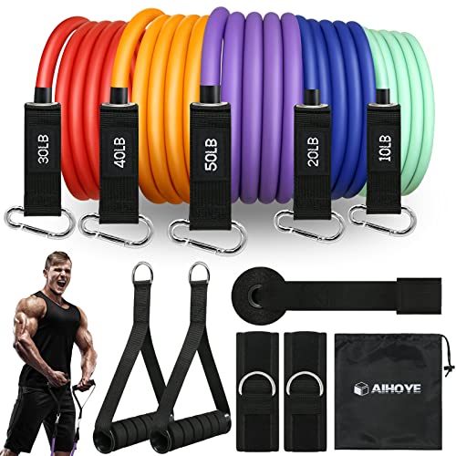 Aihoye Resistance Bands for Working Out, Exercise Bands with Handles, Stretch Bands for Exercise, Workout Bands with Door Anchors for Physical Therapy & Strength Training - color: 10-150LB Set (11Pcs)
