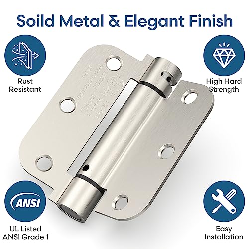 2 Pack 3.5 Inch Self Closing Door Hinges, Satin Nickel | Spring loaded; adjustable tension; 5/8" radius corners; UL listed; for front and back doors; left or right hand swing - color: Satin Nickel, size: 3.5" (2 Pack)