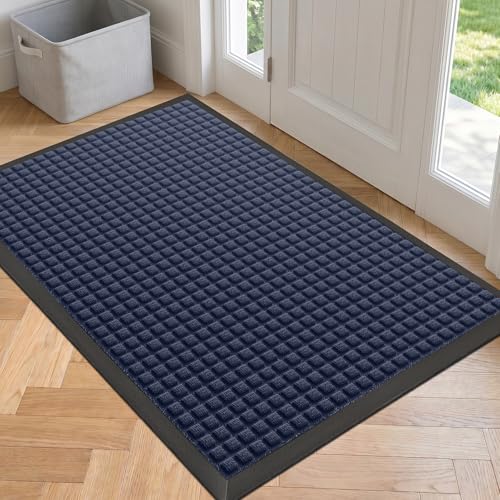 Front Door Mat Outside Entrance, Heavy Duty Waterproof Doormat | 29.5"x17" Indoor/Outdoor Dirt Trapper with Non-Slip Rubber Backing, Low Profile Easy Clean, Stain & Fade Resistant Navy - color: Navy, size: 1'5" x 2'6" (Rectangular)