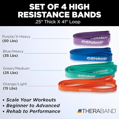THERABAND High Resistance Bands Set of 4, Light to Extra-Heavy Elastic Super Bands for Full Body Workouts, Physical Therapy, Strength Training, Durable 41” Loop Exercise Bands, 15-50 lbs Resistance - size: 4 Pack (15-50 lbs)