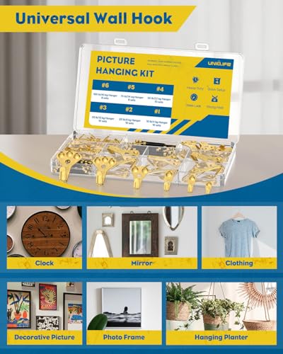 Uniclife 152 Pcs Heavy Duty Picture Hanging Kit, Picture Hanging Hooks,Gold | Picture hangers,10-100 lb weight ratings, for drywall & wood, frame hooks for hanging photos mirrors paintings - size: 152 PCS, style: Gold