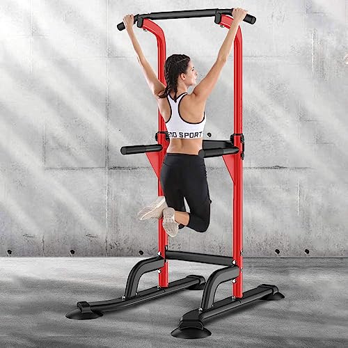 SogesHome Power Tower Pull Up Bar and Dip Station, Height Adjustable Dip Stand Exercise Machine for Home Gym, Multi-Functional Free Standing Strength Training Fitness Workout Station - color: Red