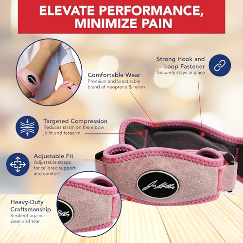 Tennis Elbow Brace & Adjustable Arm Band Support for Pain Relief for Tendonitis, Golfers Elbow Strap for Men and Women - Comfy Removable Arm Wrap for Daily Wear, Gym, Sports (Single, Pink) - size: One Size