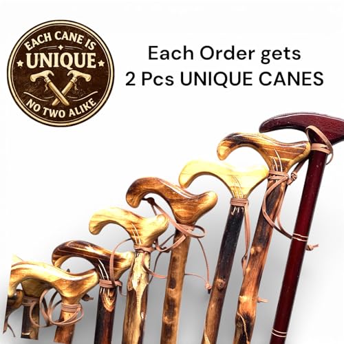 Natural Wood Walking Cane Set of 2 – Handcrafted 35" Wooden Walking Stick with Non-Slip Rubber Tip – Random Natural Design Selected – Lightweight Mobility Support for Men & Women