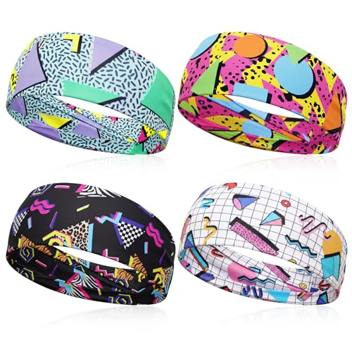 4Pcs 80s 90s Retro Headbands Neon Geometric Soft Sweatbands | Print Hair Head Bands, Wicking, for Women Men Athletic, for Fitness Running Cycling Hip Hop Party Style Hiking