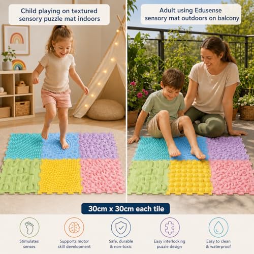 Edusense TPU Sensory Floor Tiles - Textured Puzzle Play Mat for Autistic Kids, Non-Slip Massage Game Mats for Sensory Indoor & Outdoor Use|6 Textures Interlocking Tiles for Sensory Therapy - color: Macaron