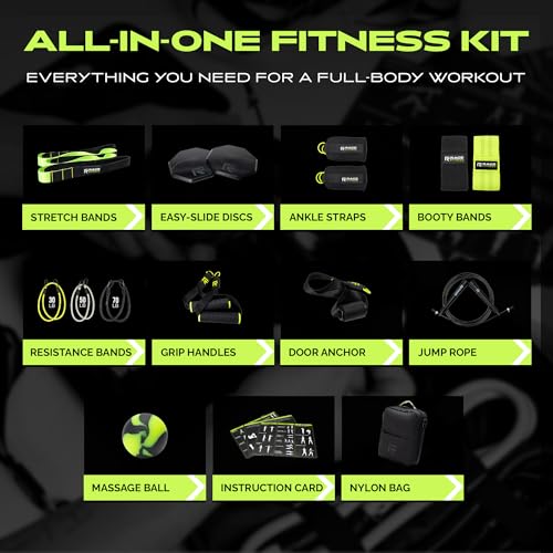 Ex Kit Home Gym Equipment with Carry Bag - 10Pcs Resistance Bands Kit with Handles, Door Anchor, Jump Rope, Booty Bands & More – Full Body Workout Bands Set for Strength, Cardio & Flexibility - color: Black