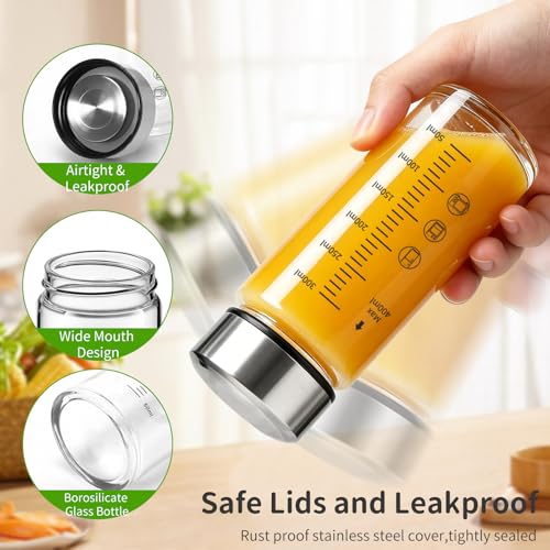 12oz Glass Juice Bottles, 4 Pack | Leakproof stainless steel lids, BPA-free heat resistant glass jars, perfect for juice, smoothies, milk and protein beverages