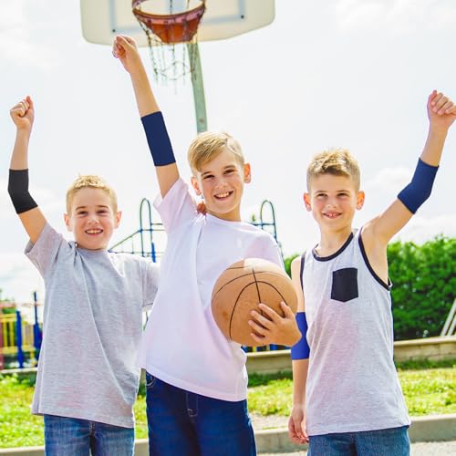 Lenwen 4 Pairs Kids Elbow Brace Compression Arm Elbow Sleeve Knit Guard Gym Protectors for Boys Teen Children Girls Basketball Volleyball Tennis Cycling(5-10 Years,Black, Dark Blue) - color: Black, Dark Blue, size: 5-10 Years