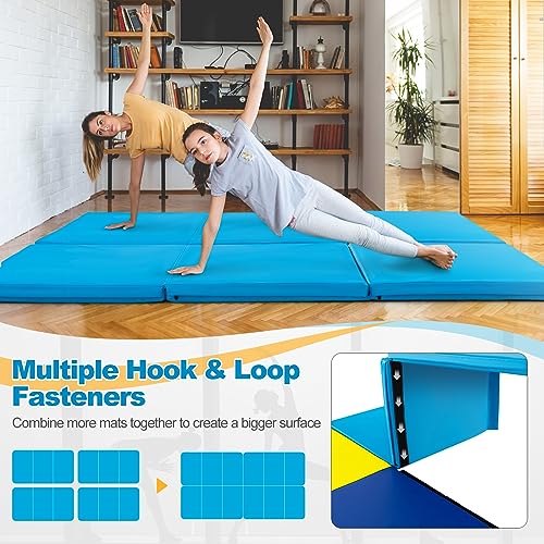 Goplus Folding Gymnastics Mat, 6’ x 2’ x 2’’ Thick Tri-Fold Exercise Tumbling Mat w/Carrying Handles, Hook & Loop Fastener, Gym mats for Home Fitness Yoga Aerobics Workouts Martial Arts - color: Blue