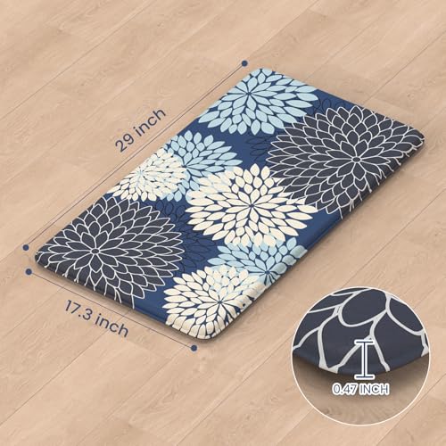 KIMODE Anti Fatigue Kitchen Mat 17.3"x29", Padded Dahlia Kitchen Floor Mats Non Slip, Waterproof Kitchen Mat for Floor, Farmhouse Comfort Standing Mat for Laundry, Office, Sink, Desk Mutil-Blue - color: Multi-blue, size: 29"L x 17.3"W x 0.5"Th