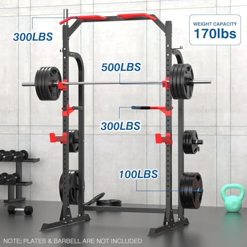 SunHome Power Cage Squat Rack, Power Rack with Pulley System, Adjustable Cable Crossover System, J-Hooks, Dip Handles, Weight Plate Storage - color: Half Power Cage