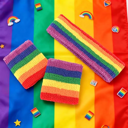 KICOSY Rainbow Sweatband Set - Pride Headband and Wristbands, Terry Cloth Striped Sweatband Set for Sports, Gym, 80s Costumes, and Pride Parade Accessories - color: rainbow