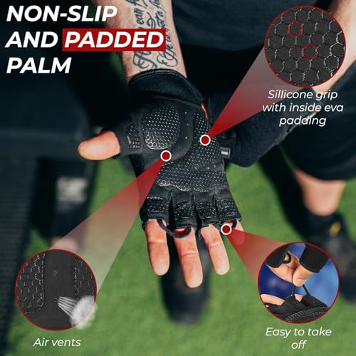 BEAST RAGE Workout Gloves for Men, Durable Palm Grip Gym Gloves Women Half Finger Elasticated Training Weight Lifting Strength Bodybuilding Anti Slip Cycling Gloves Exercise - color: Jet Black, size: X-Large