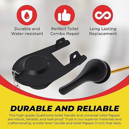 Qualihome Front Mount Toilet Handle Replacement Kit - Black Flush Handle with 2 Inch Universal Toilet Flapper Replacement - Easy Install Toilet Lever & Flapper - Toilet Flusher Kit - color: Black Finish
