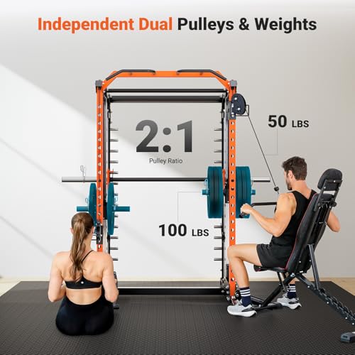 YOLEO Smith Machine & Squat Rack Combo, Multi-Functional Power Racks with Adjustable Width & Pull-Up Bar, Cable Crossover Power Cage, Independent Dual-Pulley System for Home Gym Garage Basement - style: 1700LBS Basic Smith Machine