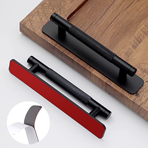 12 Pack 5 Inch 128 mm Self-Adhesive Matte Black Barrel Knurled Cabinet Handles with Base Plate Aluminum Cabinet Pulls for Sliding Door Charcuterie Board Drawer Handles Drill&Punch Free - color: BarrelBlack 3M, size: 5 Inch