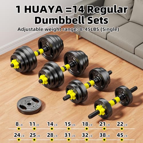 Adjustable Dumbbell Set, 10-90lbs Free Weights with Connector – 4 in 1 Dumbbells, Barbell, Kettlebell & Push Up Stand, Adjustable Weights Set for Home Gym Fitness Equipment for Men & Women - color: Yellow 90lbs (45lbs*2)