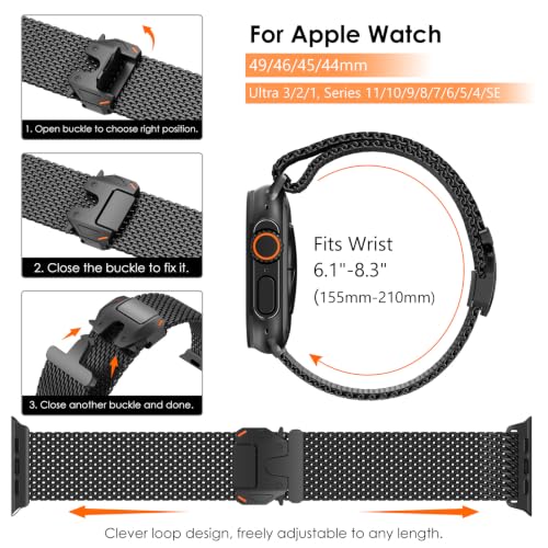 WINGLE Milanese Loop for Apple Watch Band Ultra 3/2/1 Band Ultra 49mm Series 11 10 46mm 45mm 44mm SE 3/2/1 Series 9 8 7 6 5 4 3 Men Women,Parachute-Style Buckle Stainless Steel Mesh Metal iWatch Bands - color: Black
