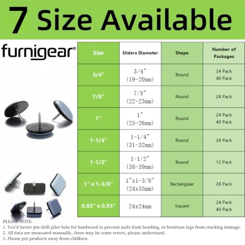 1" Nail on Furniture Sliders (24 Pack) - Furnigear Heavy Duty PTFE (Teflon) Chair Sliders Glides Wooden Furniture Movers Move Your Furniture Easily & Safety - Chair Leg Floor Protectors Square - color: Grayish Blue Square, size: 1"-24 pack