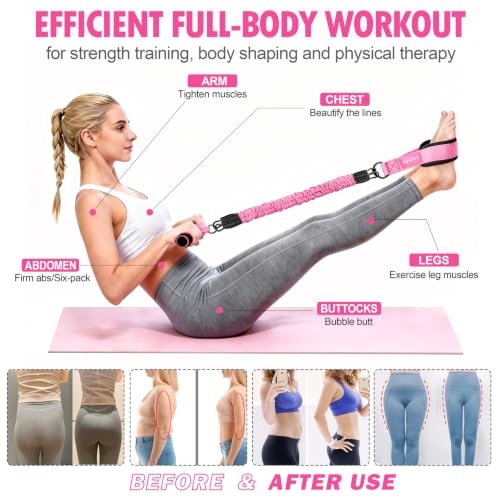 Multifunction Foot Pedal Resistance Band with Handle, 3-Tube Adjustable Elastic Yoga Exercise Bands, Home Gym Workout Equipment for Women & Men to Tone Abs, Core, Chest, Arm, Leg, Waist - color: Pink