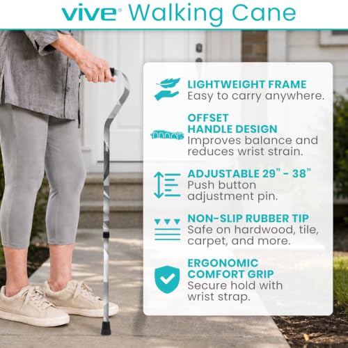 Vive Walking Cane for Women, Men, Elderly - Patented Offset Grip - Lightweight Adjustable Walking Aid with a Non-Slip Tip - Sturdy Balancing Mobility Aid for Seniors - color: Grey Poly