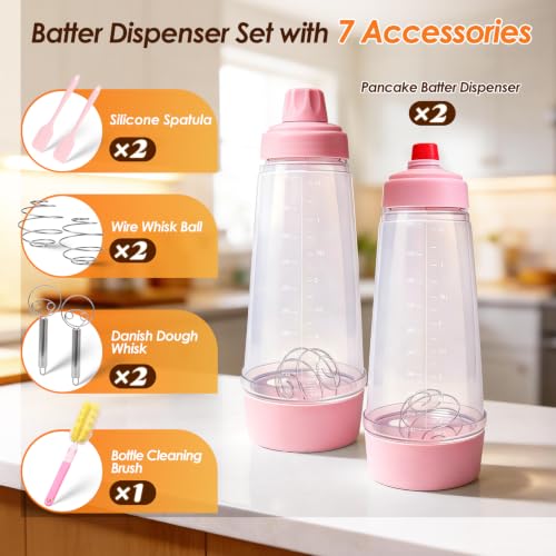 Pancake Batter Dispenser Bottle Kit with 7 Accessories, 1000ml Silicone Squeeze Pancake Mixer Bottle with Whisk Ball and Stand Base, Pancake Shaker Bottles for Cupcakes Muffins Waffle (2pack) Pink - color: Pink