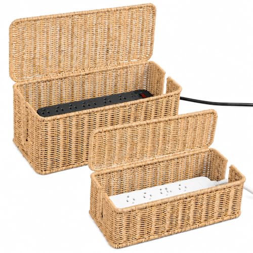 Cable Management Box Set of 2 Sizes, Handmade Rattan Cable Organizer with 2 Open Slots, Cord Hider for Power Strip, Router & USB Hub, Registered U.S. Design Patent (D1,112,102), Natural - color: Natural, style: Standard + Large Set