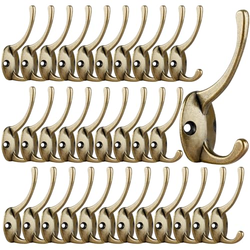 IBosins 32 Pack Antique Brass Coat Hooks Wall Mounted with 64 Screws Retro Double Hooks Utility Hooks for Coat, Scarf, Bag, Towel, Key, Cap, Cup, Hat - color: 32 Pcs Antique Brass