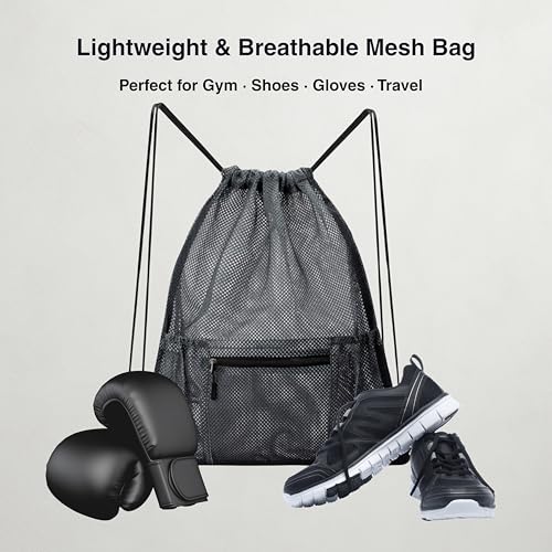Mesh Sports Drawstring Bag, Large Breathable Gym Sack for Boxing Gloves, Boxing Equipment, Shoes & Training Gear, Lightweight & Durable (Black) - color: Black