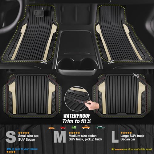 CAR PASS Heavy Duty Rubber Car Mats Metallic, Aluminum Film All Weather Floor Mats Waterproof Universal Trim to Fit for SUV Sedan Van 4 Piece Deep Dish Two-Tone Sporty Black Golden Chrome - color: Black and Golden