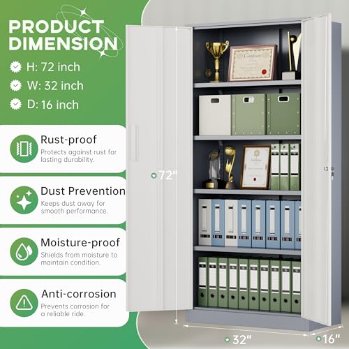 INTERGREAT Metal Storage Cabinet, 72" H Lockable Steel Cabinets with Locking Doors, Storage Locker with Adjustable Shelves for Office, Home, Garage, Gym, School (White Grey) - color: White Grey, size: MSC-D16